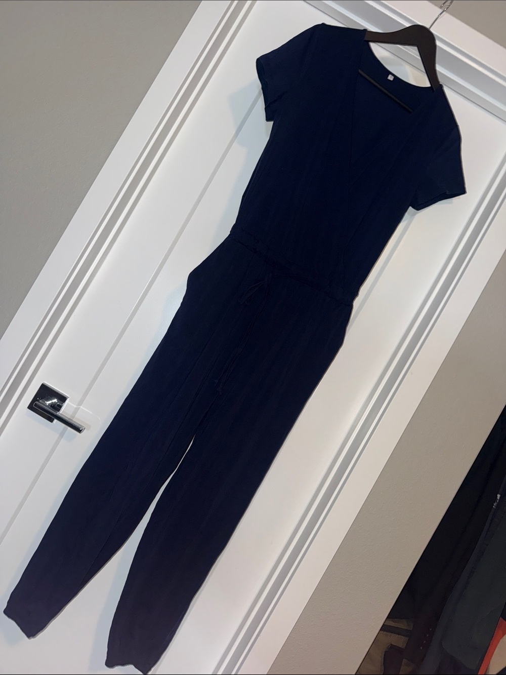 Short-Sleeve Navy Drawstring Jumpsuit